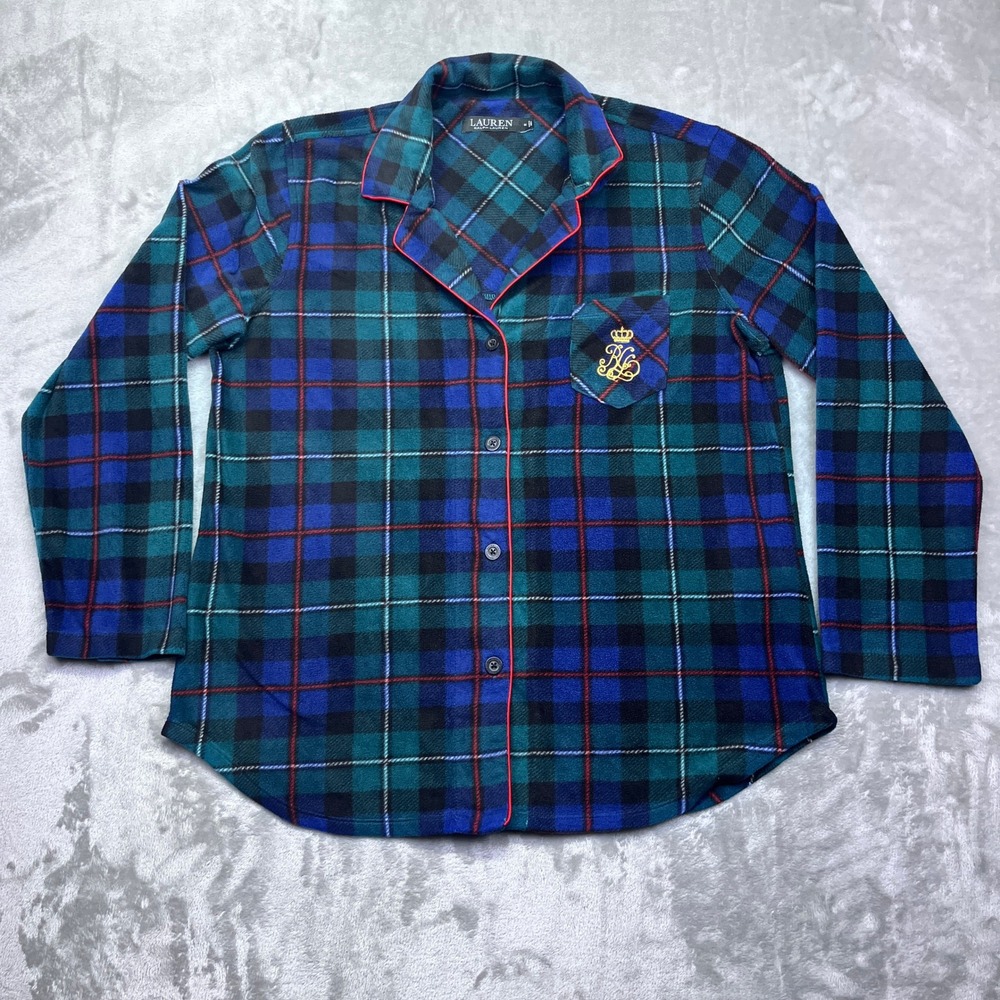 Lauren Ralph Lauren Blue Green Plaid Fleece Pajama Intimate Top Women's Medium
